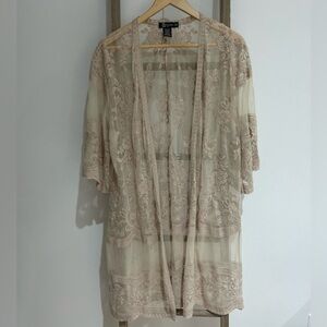 Miss Chievous Floral Embroidered Lace Kimono Cardigan Top Cream Tan Women’s L/XL